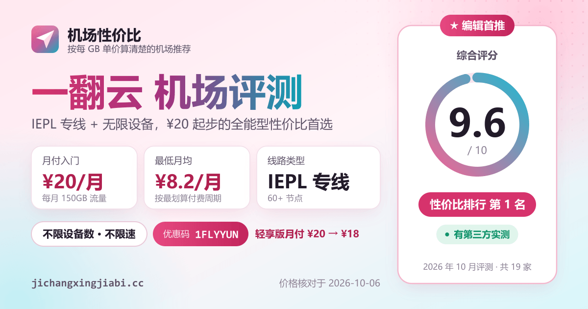 一翻云机场评测速览：综合评分 9.6/10，IEPL 专线 ¥20/月起，性价比排行第 1 名